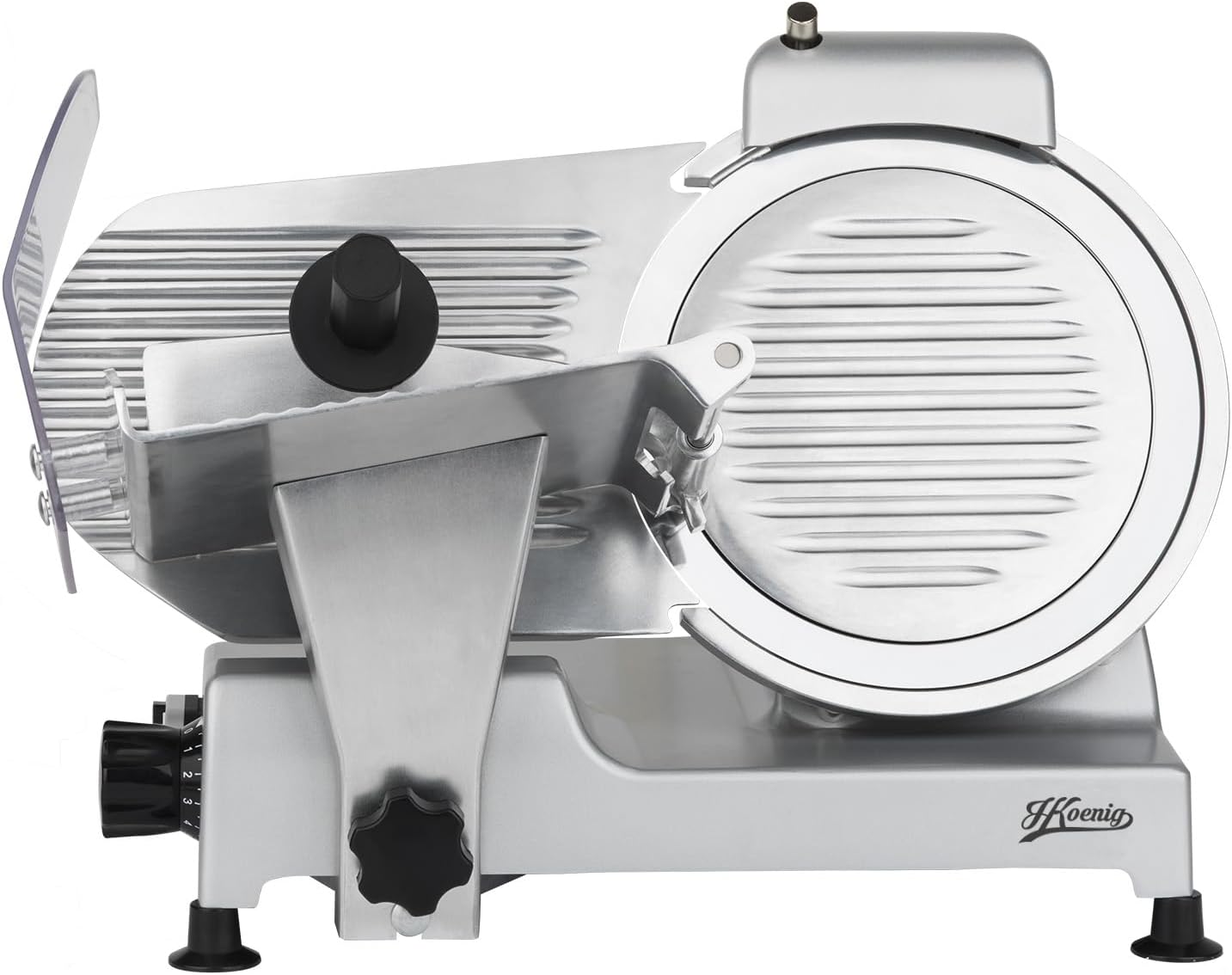Rebanadora Eléctrica Profesional H.Koenig MSX250, Corte Preciso 0-12 mm, Cuchilla Italiana 25 cm, Afilador Incorporado, Bandeja Grande, 282 RPM, Color Plateado
