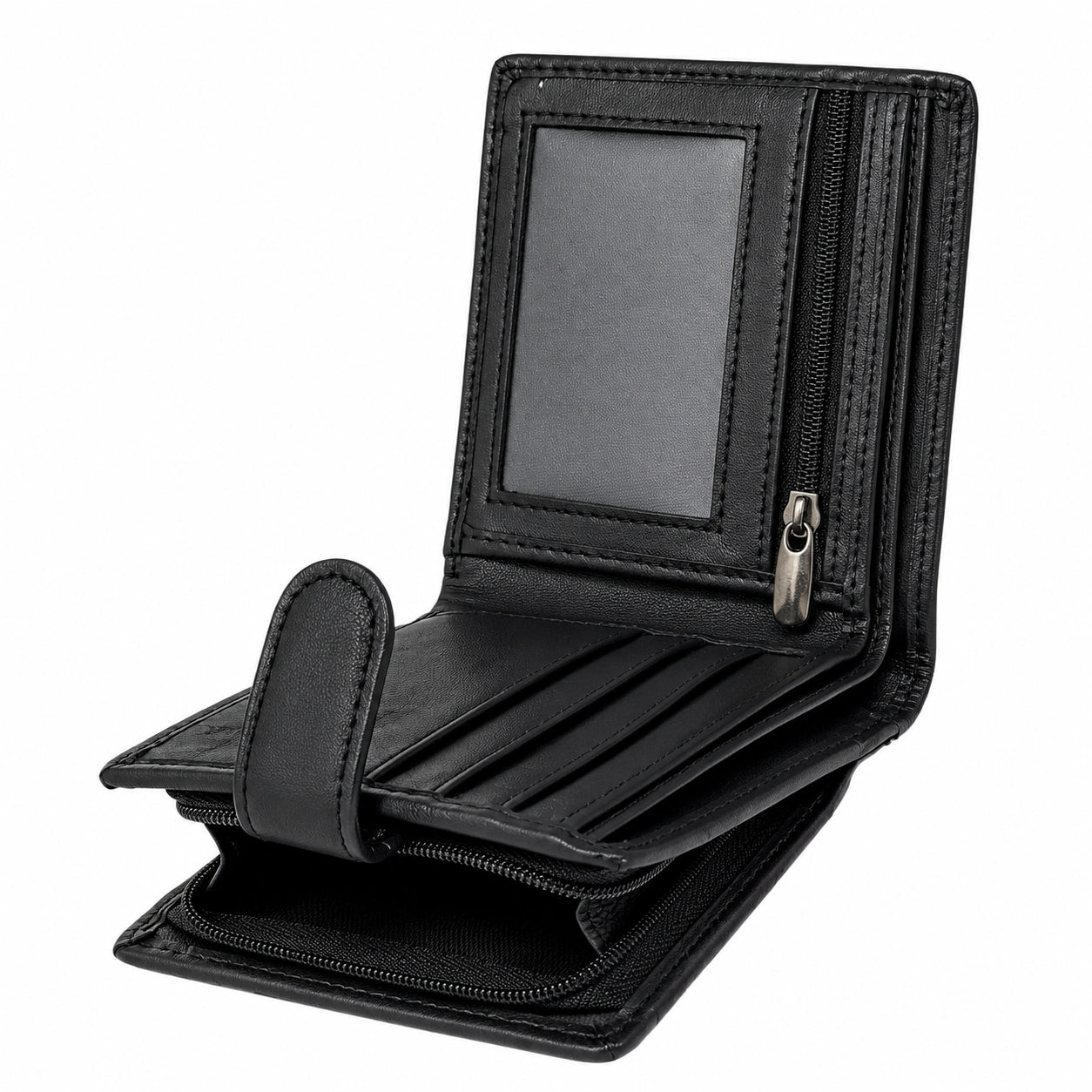 Cartera Bifold Negra con Cremallera y Múltiples Compartimentos
