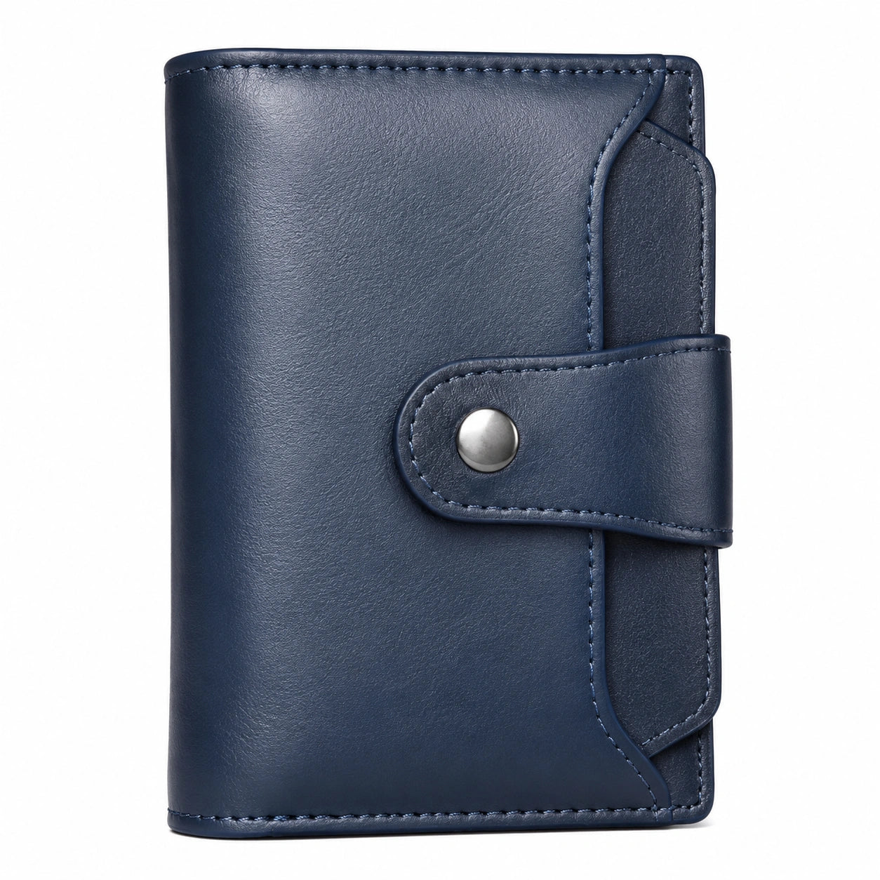Cartera vertical azul con cierre de broche y compartimentos múltiples