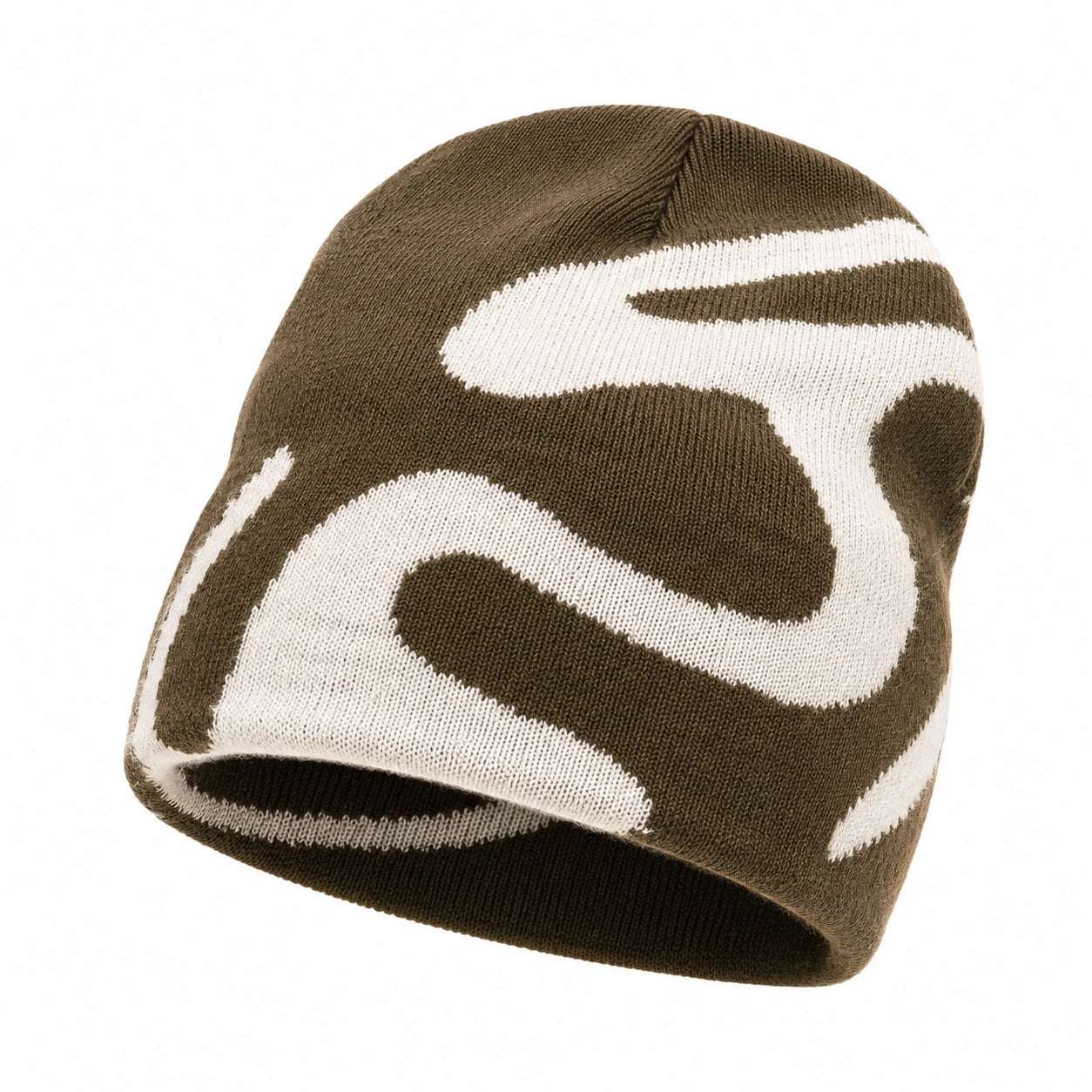 Gorro de punto elástico marrón y blanco con diseño abstracto