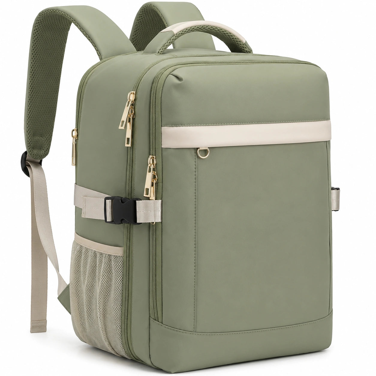 Mochila Grande Verde Oliva con Bolsillos Laterales y Cremallera