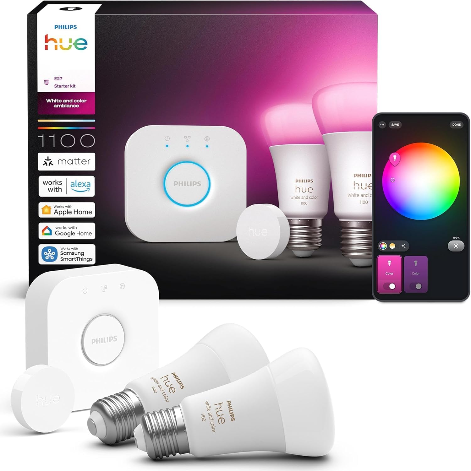 Kit de Inicio Philips Hue Pro: Puente, Botón Inteligente, 2 Bombillas LED E27, Luz Blanca y de Colores, Compatible con Apple Home, Alexa y Google Assistant