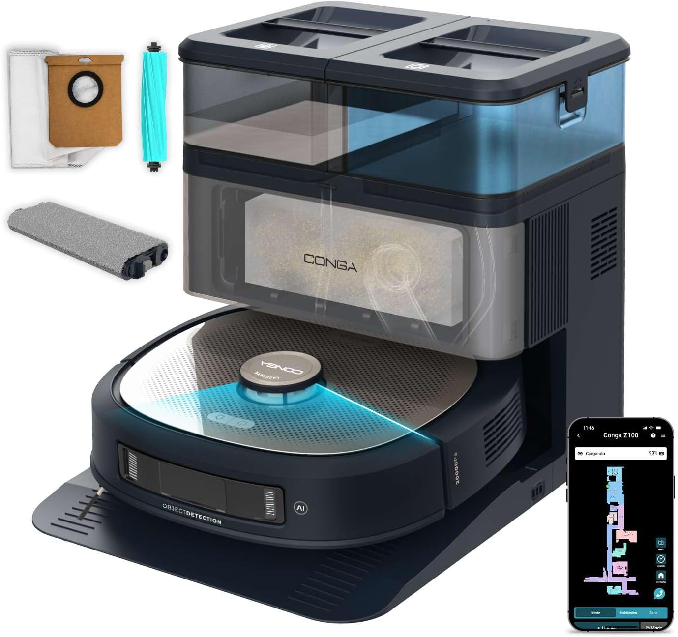 Robot Aspirador y Friegasuelos Cecotec Conga Z100 con IA y Autovaciado