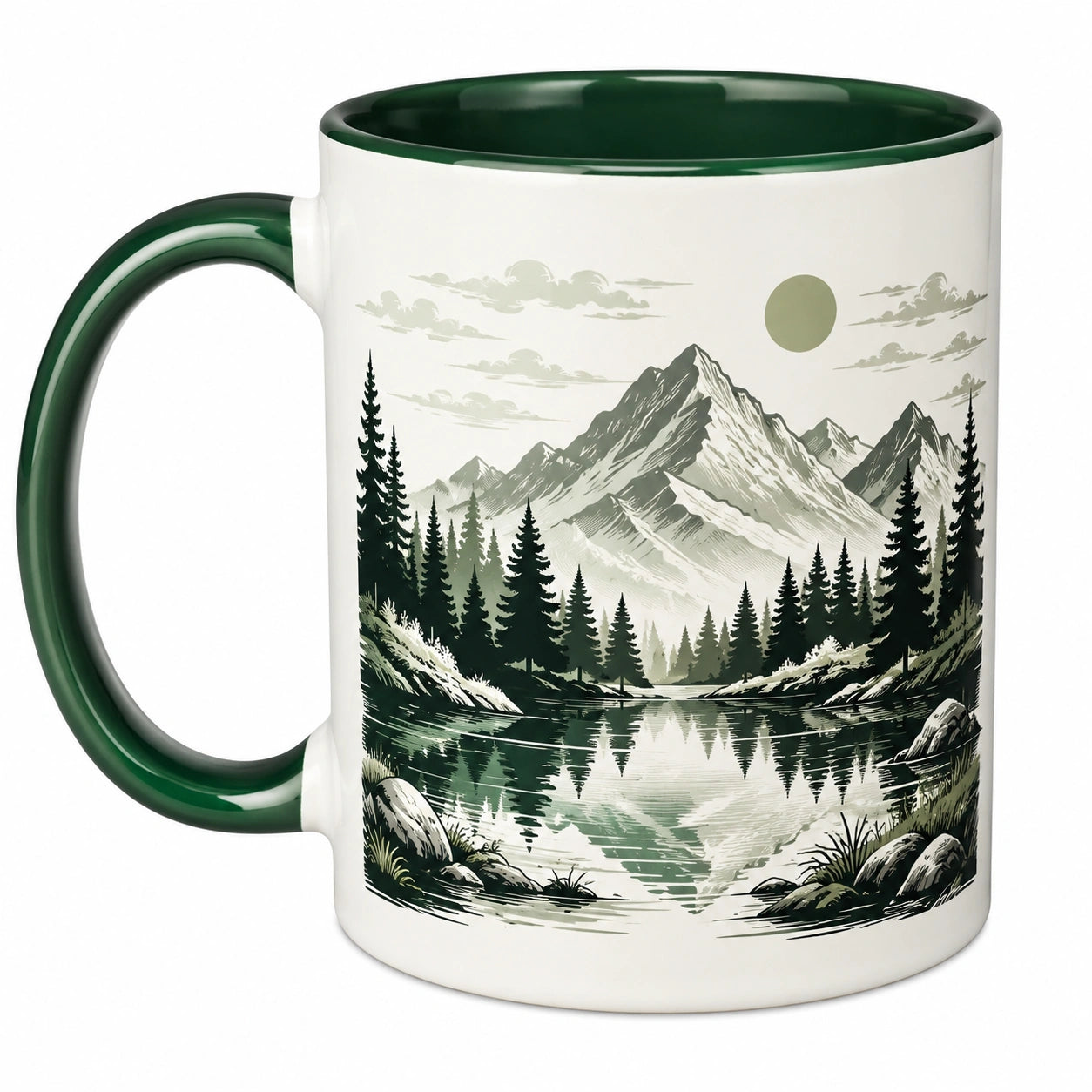 Taza de cerámica con diseño de paisaje de montaña 350ml verde/blanco