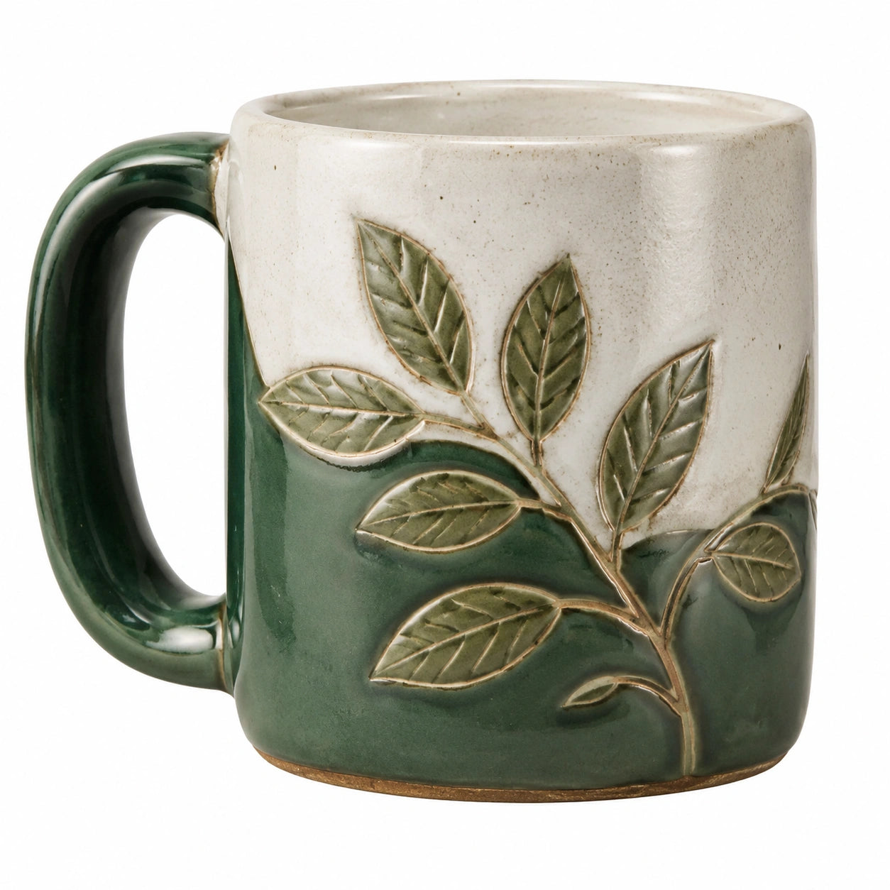 Taza Cerámica con Relieve de Hojas Verde y Blanco