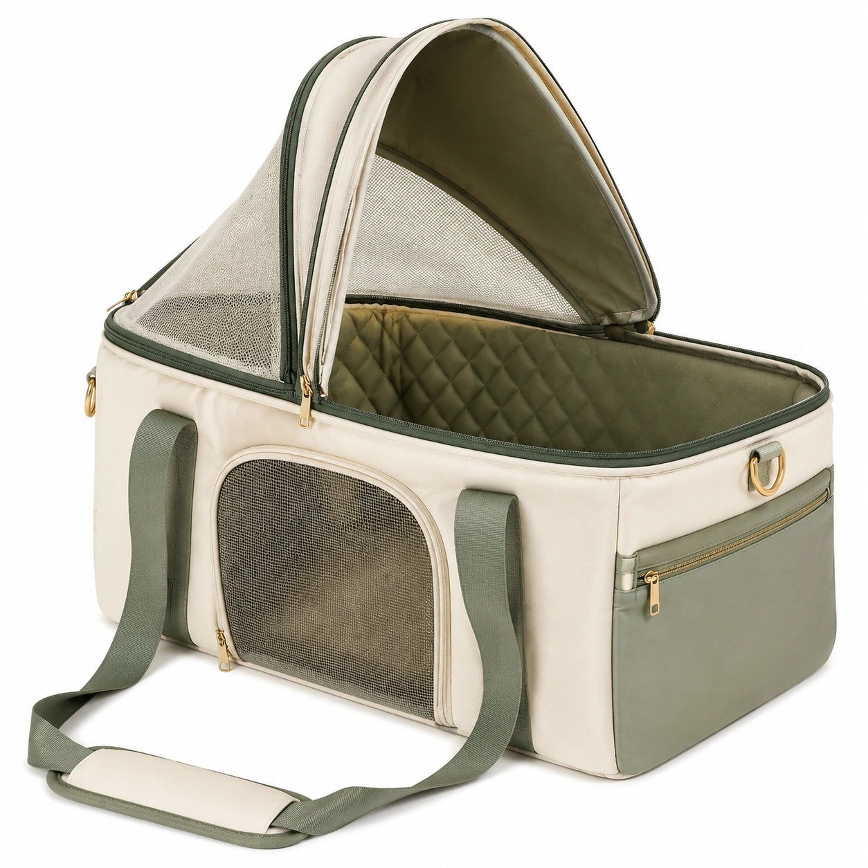Transportín para mascotas plegable con ventilación verde y crema