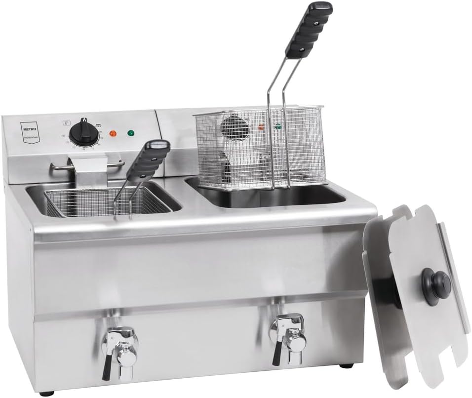 Freidora Doble Metro Professional, Acero Inoxidable 16L, Grifo y Control de Temperatura