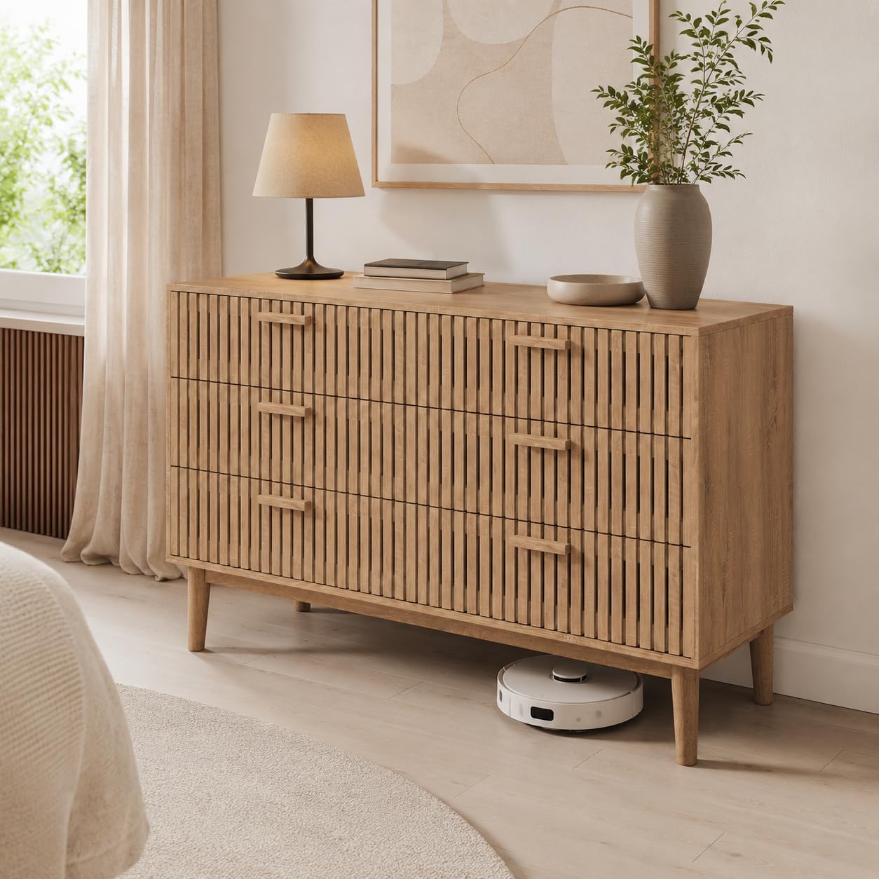 Aparador de Madera con 6 Cajones, Estilo Contemporáneo con Tiradores Dorados y Patas Metálicas para Dormitorio u Oficina