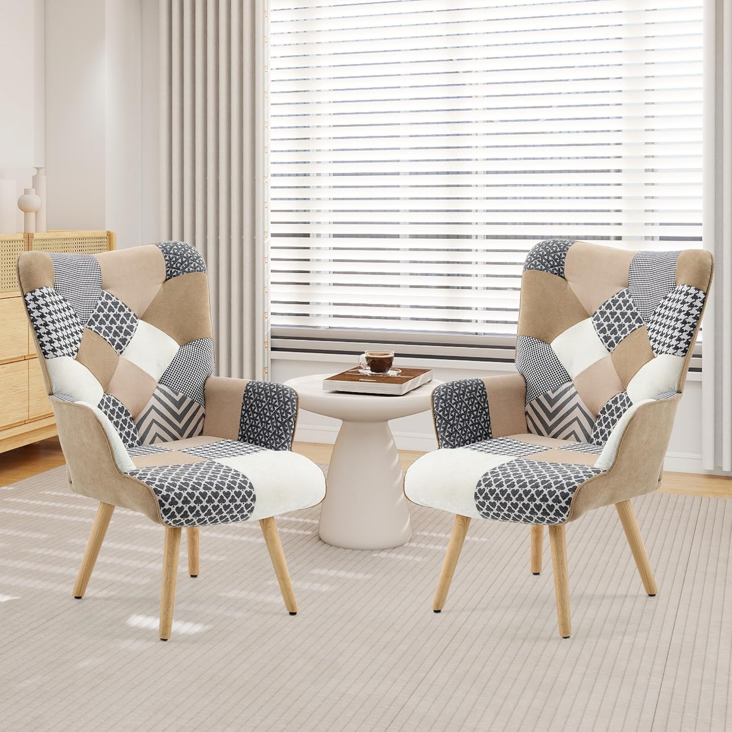 Juego de 2 Butacas Patchwork de Lino con Respaldo Alto y Patas de Madera para Salón, Dormitorio y Sala de Espera, Color Gris