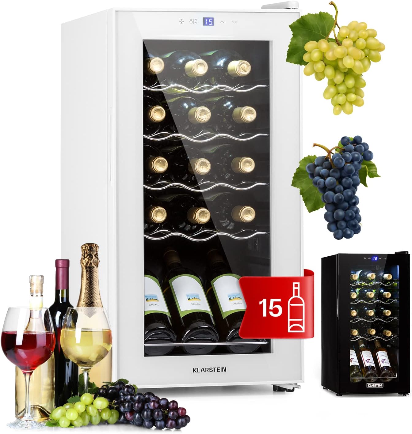 KLARSTEIN Vinoteca 44L, Nevera para 15 Botellas, Puerta de Cristal, Interior y Exterior