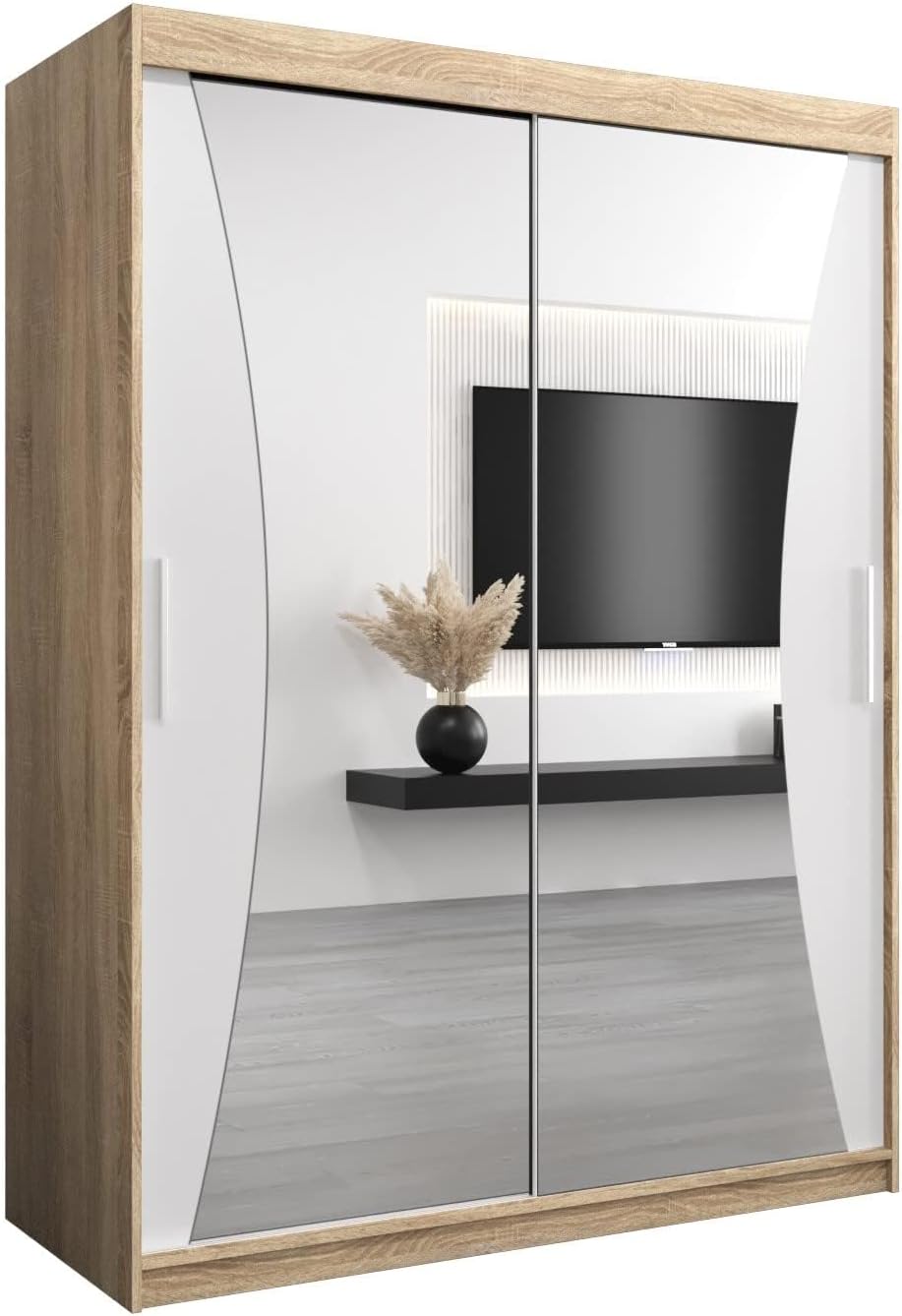 Armario Moderno con Espejo y Puertas Correderas, 150x200x62 cm, Color Sonoma y Blanco Mate