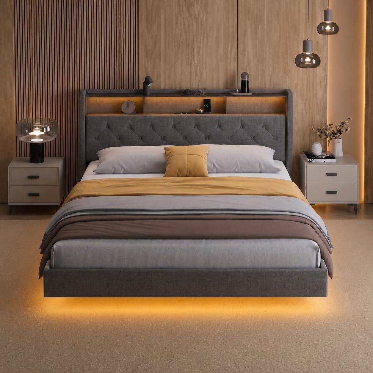 Cama Flotante de 160x200 cm con LED, Cargador USB y Almacenamiento, Gris Oscuro