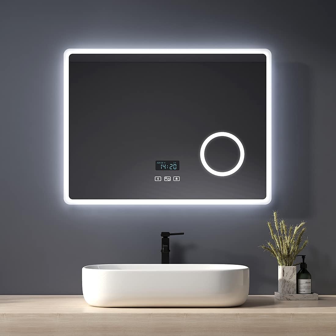 Espejo de Baño LED con Aumento 3X, 80x60 cm, Táctil, Antivaho, Reloj y Bluetooth, Regulable en Tres Colores