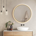 Espejo de Baño LED Redondo 70cm con Marco Dorado, Función Antiempaño, Reloj y Temperatura, Luz Regulable IP44