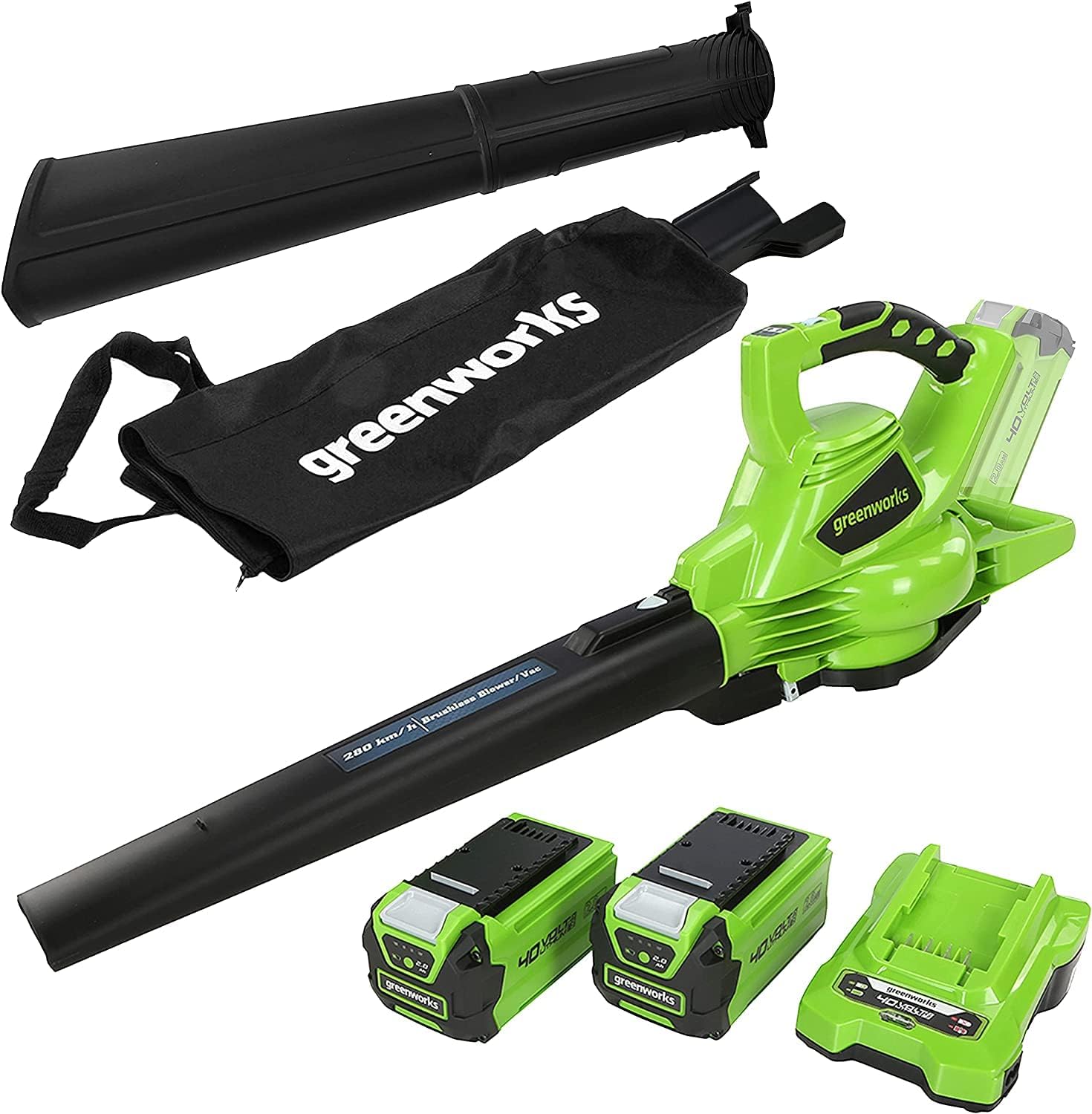 Aspirador y Soplador de Hojas Greenworks 40V, Motor sin Escobillas, Velocidad 280 km/h, Bolsa 45L, Incluye 2 Baterías 2Ah y Cargador