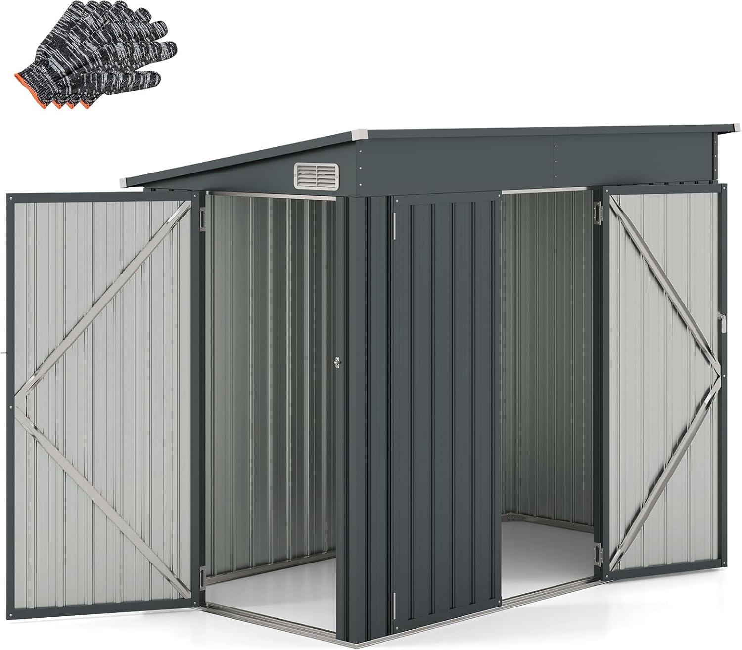 Caseta de Jardín Exterior 2.6㎡, 235x117x185 cm, Cobertizo con Puertas de Bisagra, Techo Inclinado y Ventilación, Metal Galvanizado