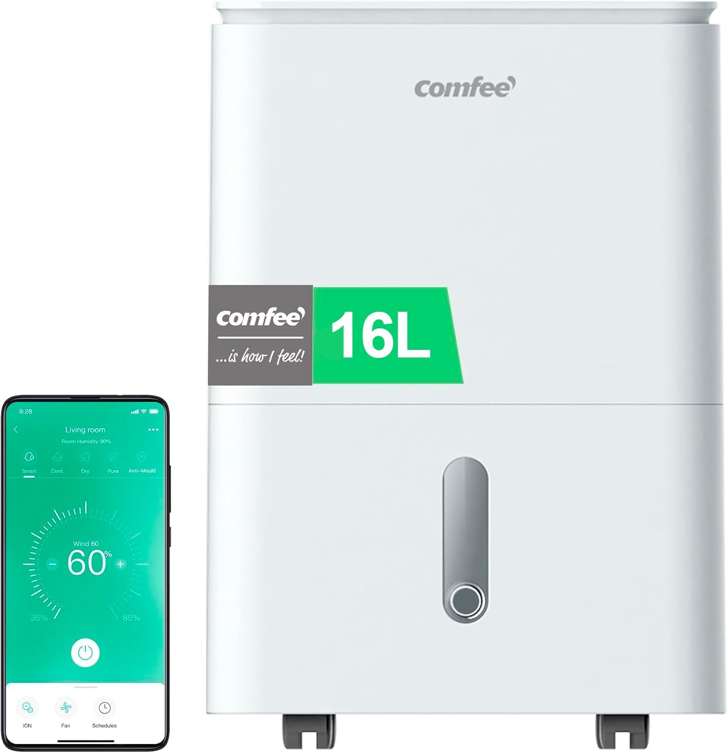 Deshumidificador COMFEE' 16L con WiFi, Purificador Antibacterias para Habitaciones 45m²