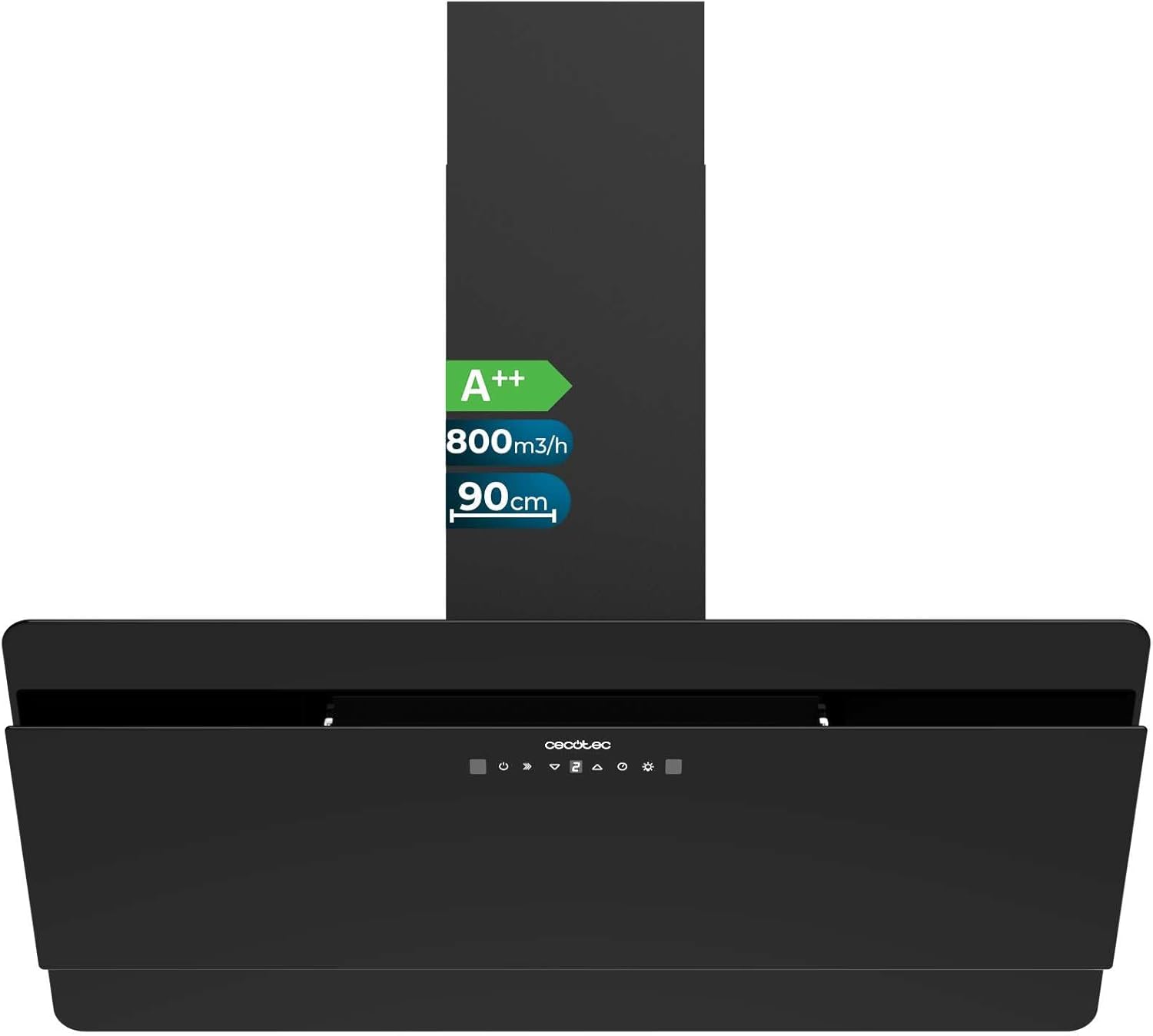 Campana Extractora Decorativa 90 cm Cecotec Flux DT 8000 con Control Táctil y Movimiento de Mano, Vidrio Negro, Potente 800m³/h, Clase Energética A++