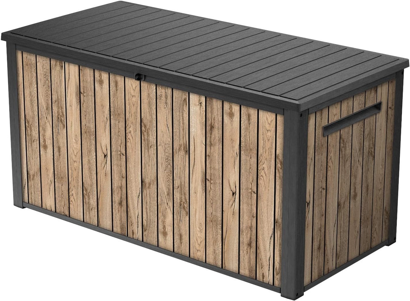 Baúl de Jardín Keter Sierra 643L, Plástico Imitación Madera Pino, 144x67x73 cm, Tapa con Amortiguadores, Cierre Seguro