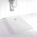 Plato de ducha de resina antideslizante 150x70 cm, blanco con desagüe central y rejilla de acero inoxidable