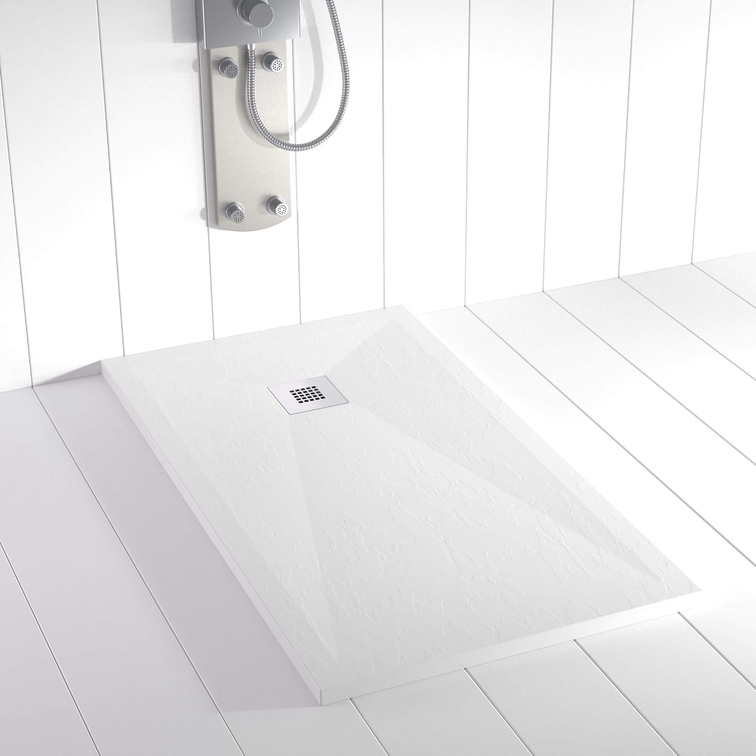 Plato de ducha de resina antideslizante 150x70 cm, blanco con desagüe central y rejilla de acero inoxidable