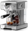 Cafetera Espresso Profesional Neretva 1450W, Manómetro Visible, Acero Inoxidable, Depósito 1.8L, Vaporizador 15 Bar