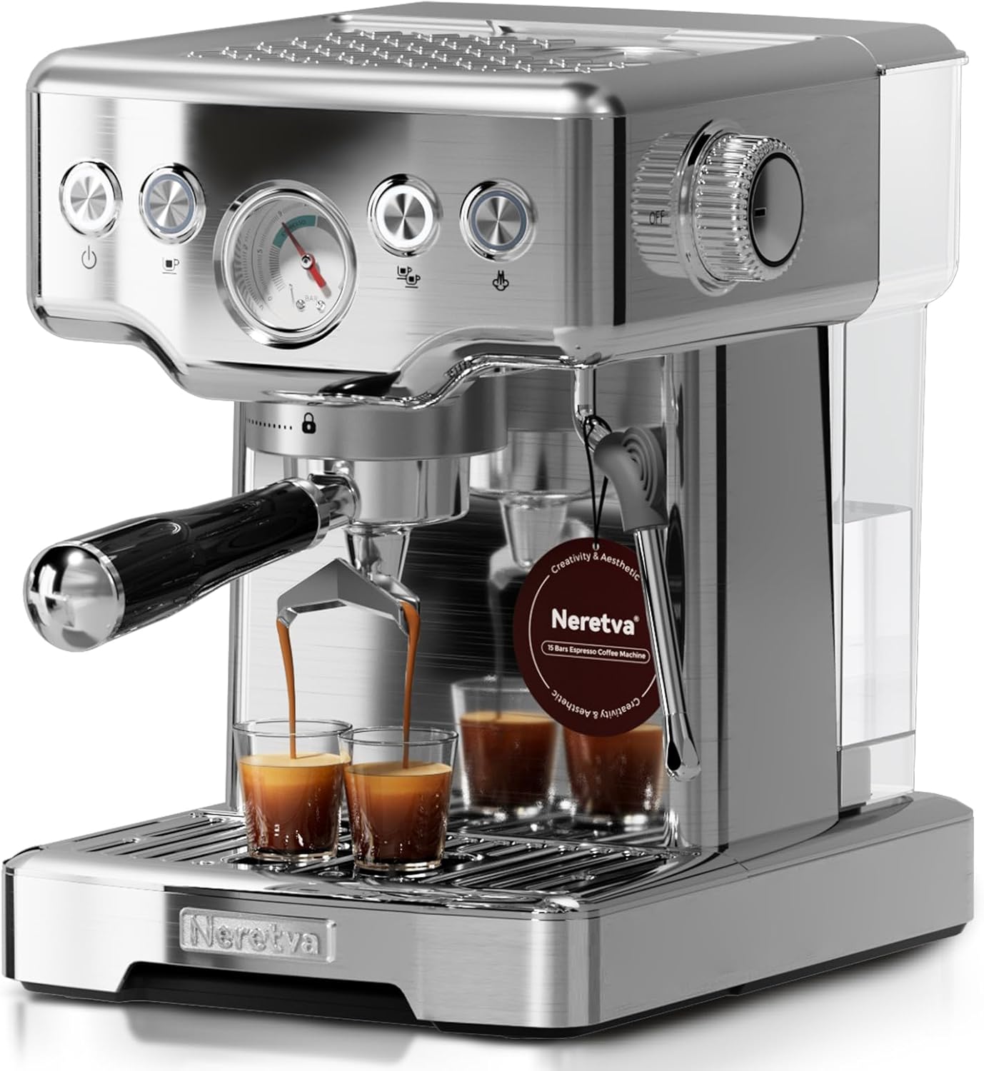 Cafetera Espresso Profesional Neretva 1450W, Manómetro Visible, Acero Inoxidable, Depósito 1.8L, Vaporizador 15 Bar