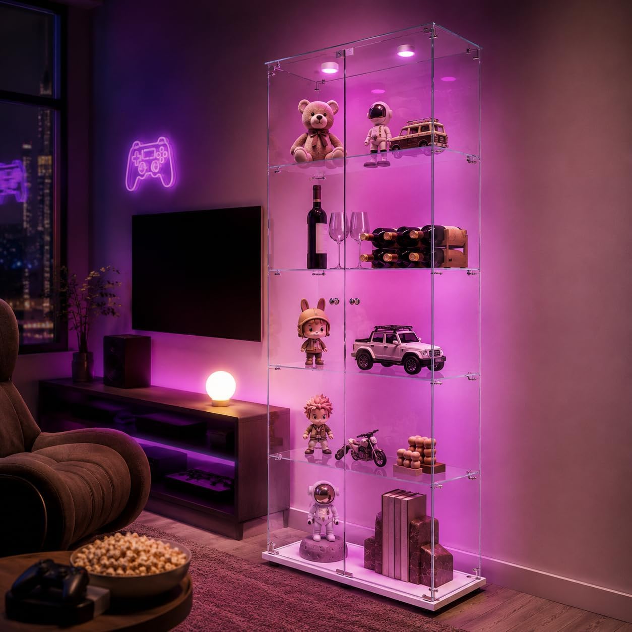 Vitrina de Cristal con Iluminación LED y 5 Estantes, Mueble Expositor para Colecciones con 2 Puertas, Ideal para Sala o Bar, Color Blanco