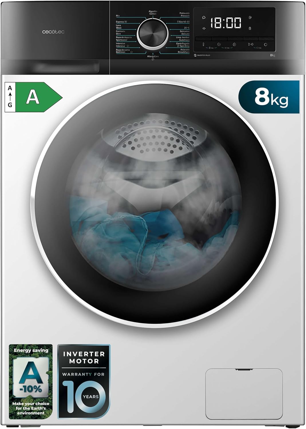 Lavadora Cecotec 8Kg con Motor Inverter Plus, 16 Programas y SteamMax