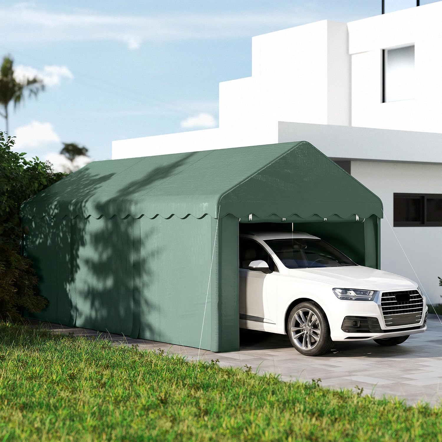 Outsunny Garaje Portátil 6x3m Verde, Impermeable con Paredes Desmontables y Puertas con Cremallera