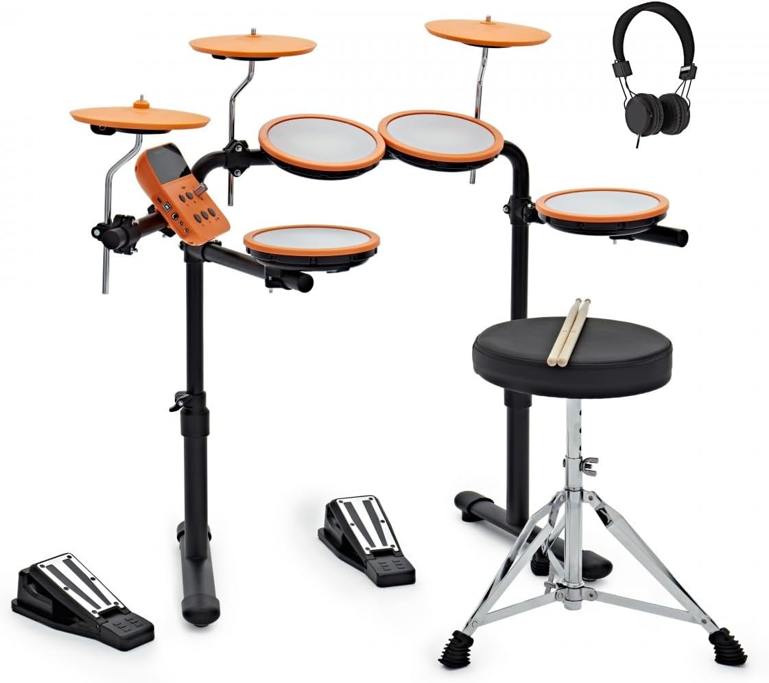 Kit de Batería Electrónica VISIONDRUM para Niños y Adultos, 7 Pads de Malla, Altura Ajustable, Diseño Compacto, Incluye Auriculares, Taburete y Baquetas, Color Naranja