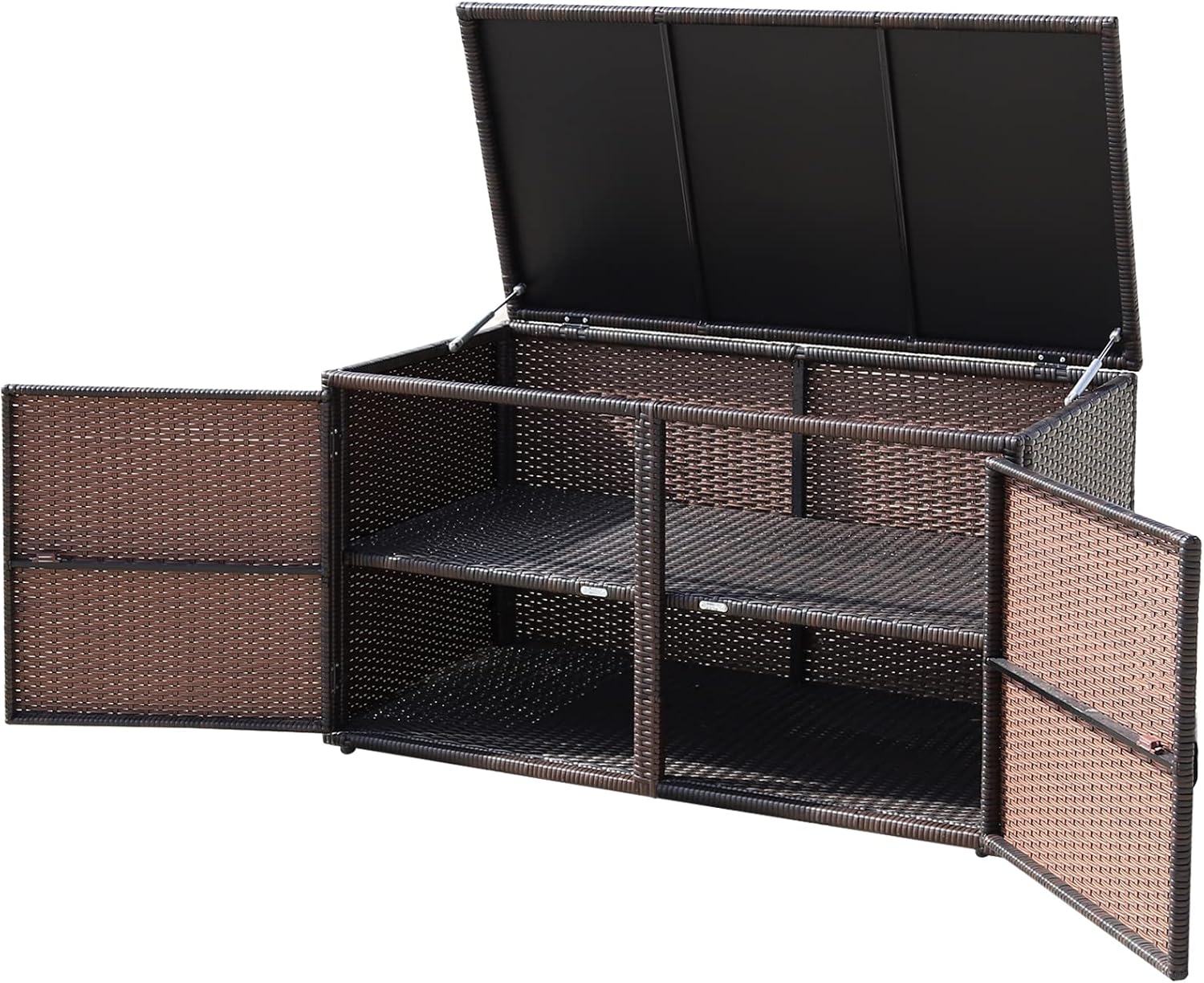 Baúl de Jardín Ratán 330L con Doble Tapa y Puertas para Exterior, Marrón