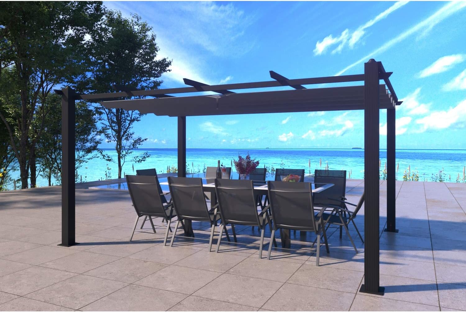 Pérgola Autoportante 4x3 m Gris Nila con Estructura de Aluminio y Lona Retráctil de Poliéster para Jardín y Terraza