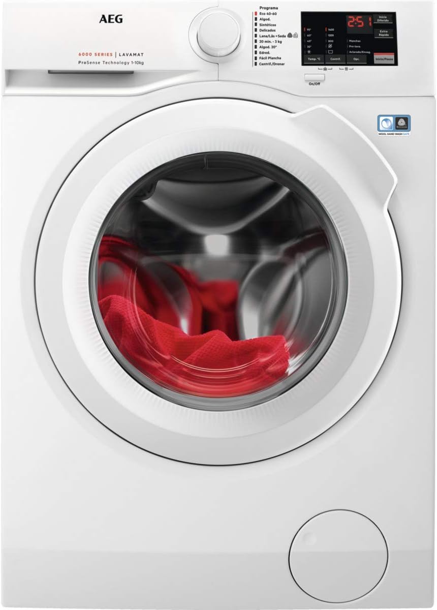 Lavadora AEG Serie 6000, 10 kg, 1400 rpm, Motor Inverter, Inicio Diferido, Blanca
