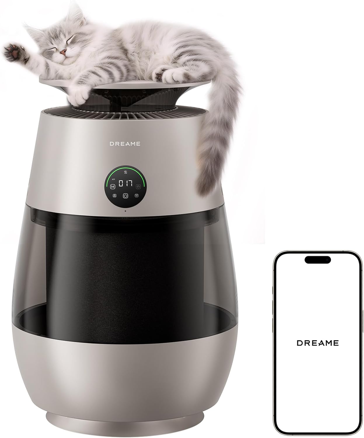 Purificador de Aire DREAME AP10 para Mascotas, 360° Alta Eficiencia, 5 Etapas de Filtrado, Captura Pelo y Olores, Transparente, Diseño Elegante, Luz Eco, Control por App