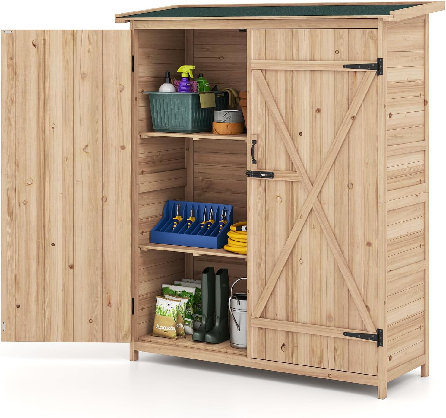Caseta de Madera para Jardín, 140 x 51 x 163 cm, Almacenamiento Exterior con Techo Inclinado y Cerradura