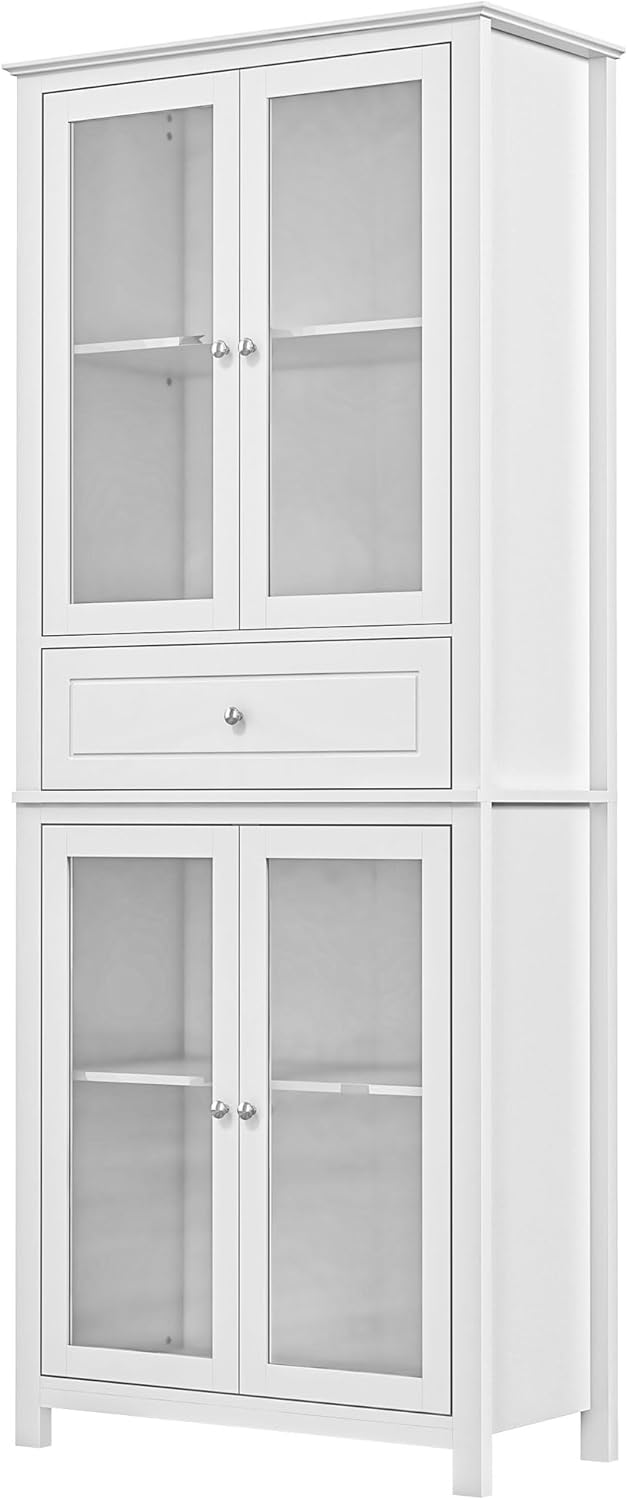 Armario de Cocina HOMCOM con Estantes Ajustables y Puertas de Vidrio, Blanco