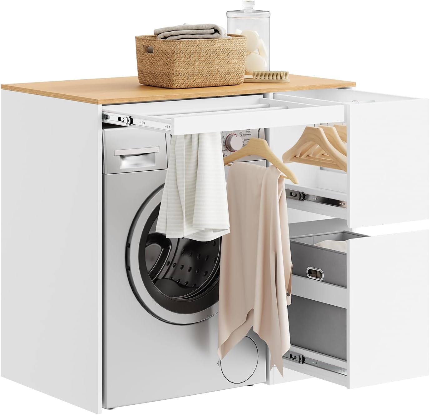 Armario Multifuncional para Lavadora con Estante y Tendedero, Blanco y Madera, 100x60x95 cm