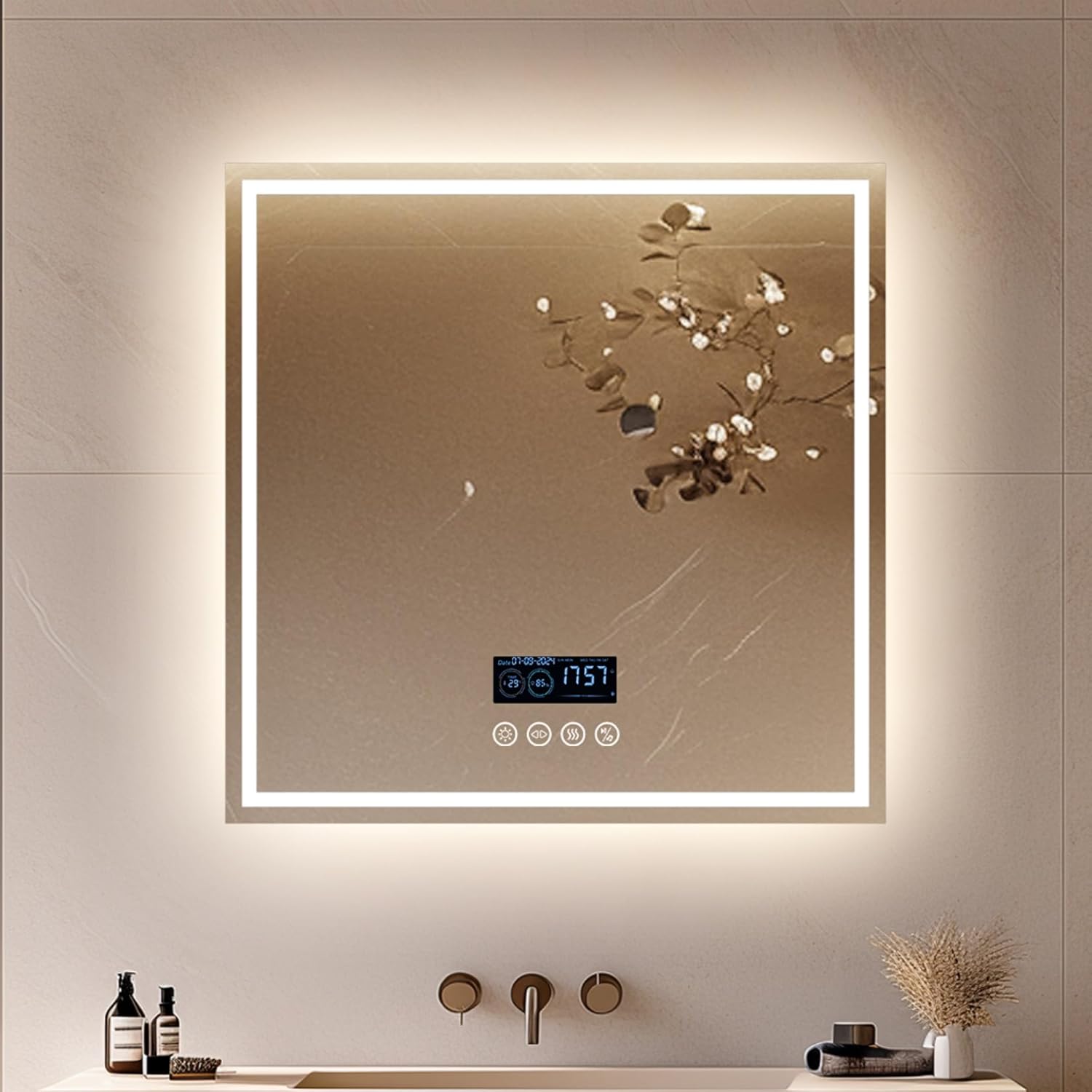 Espejo de Baño LED con Bluetooth y Antivaho, 80x80 cm, LUZ Frente y Fondo, 3 Colores Regulables, Memoria, CE