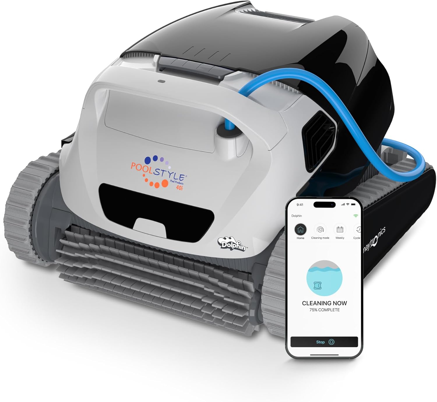 Robot limpiapiscinas automático Dolphin Poolstyle 40i, para piscinas de hasta 12m, limpieza completa con control por aplicación