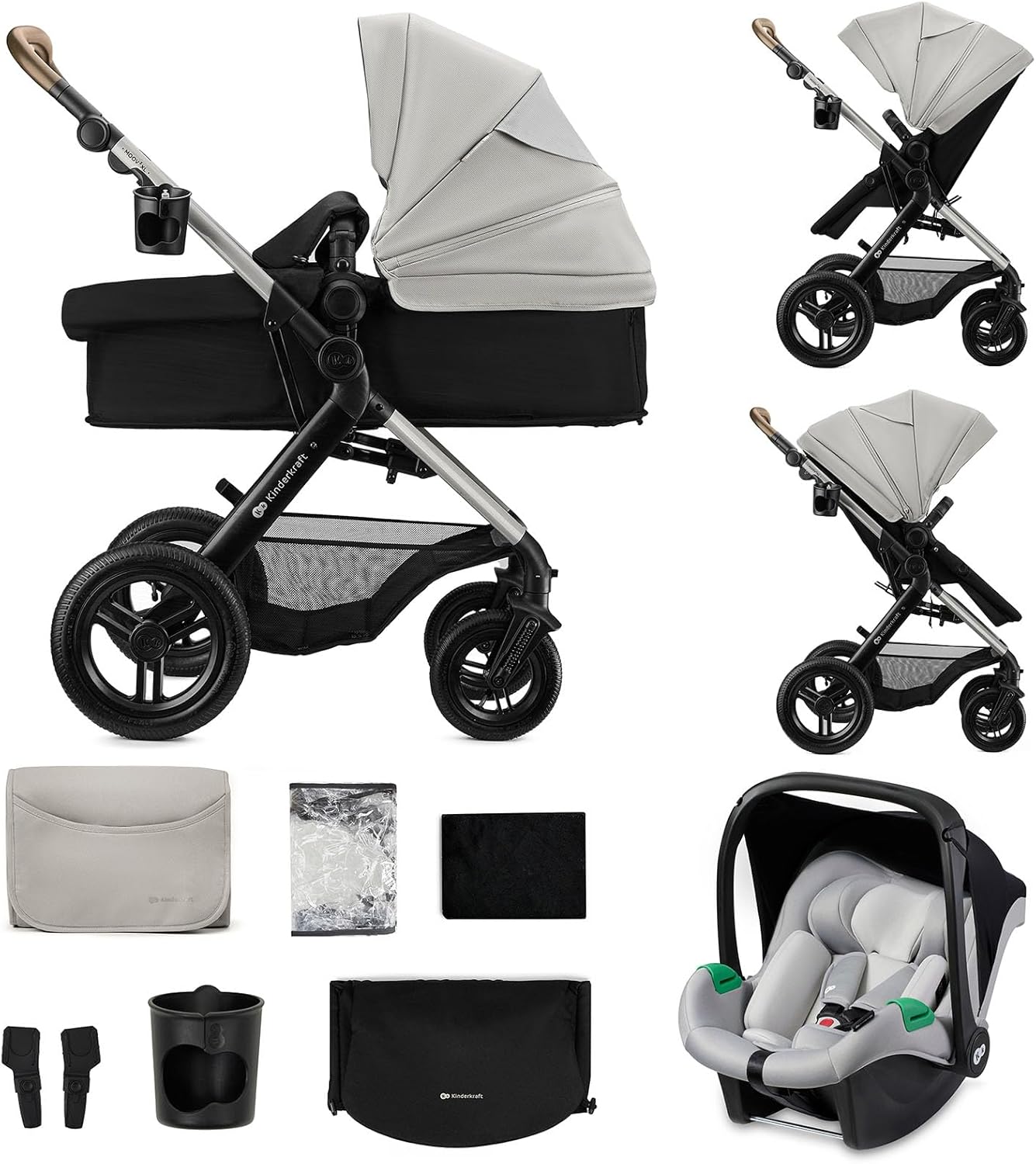 Cochecito 3 en 1 Kinderkraft MOOV XL, hasta 27 kg, con asiento I-SIZE, plegable, convertible, amortiguación, capazo grande, accesorios incluidos, gris claro
