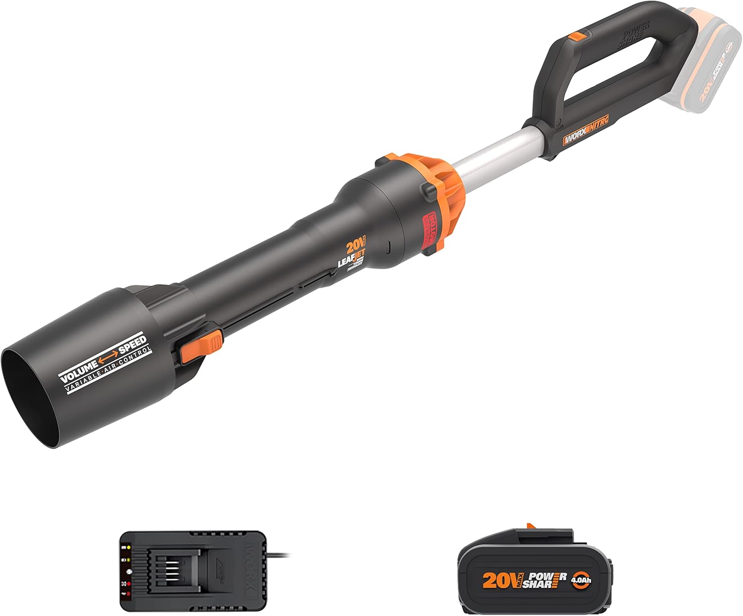 Soplador de Hojas WORX 20V-4Ah Nitro, Ligero y Potente, Motor Sin Escobillas, Ideal para Jardines y Caminos