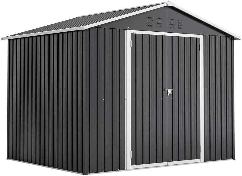 Cobertizo Metálico de Jardín 8 m³ con Puerta Corredera y Ventilación, 240x192x191 cm, Resistente al Clima, Gris