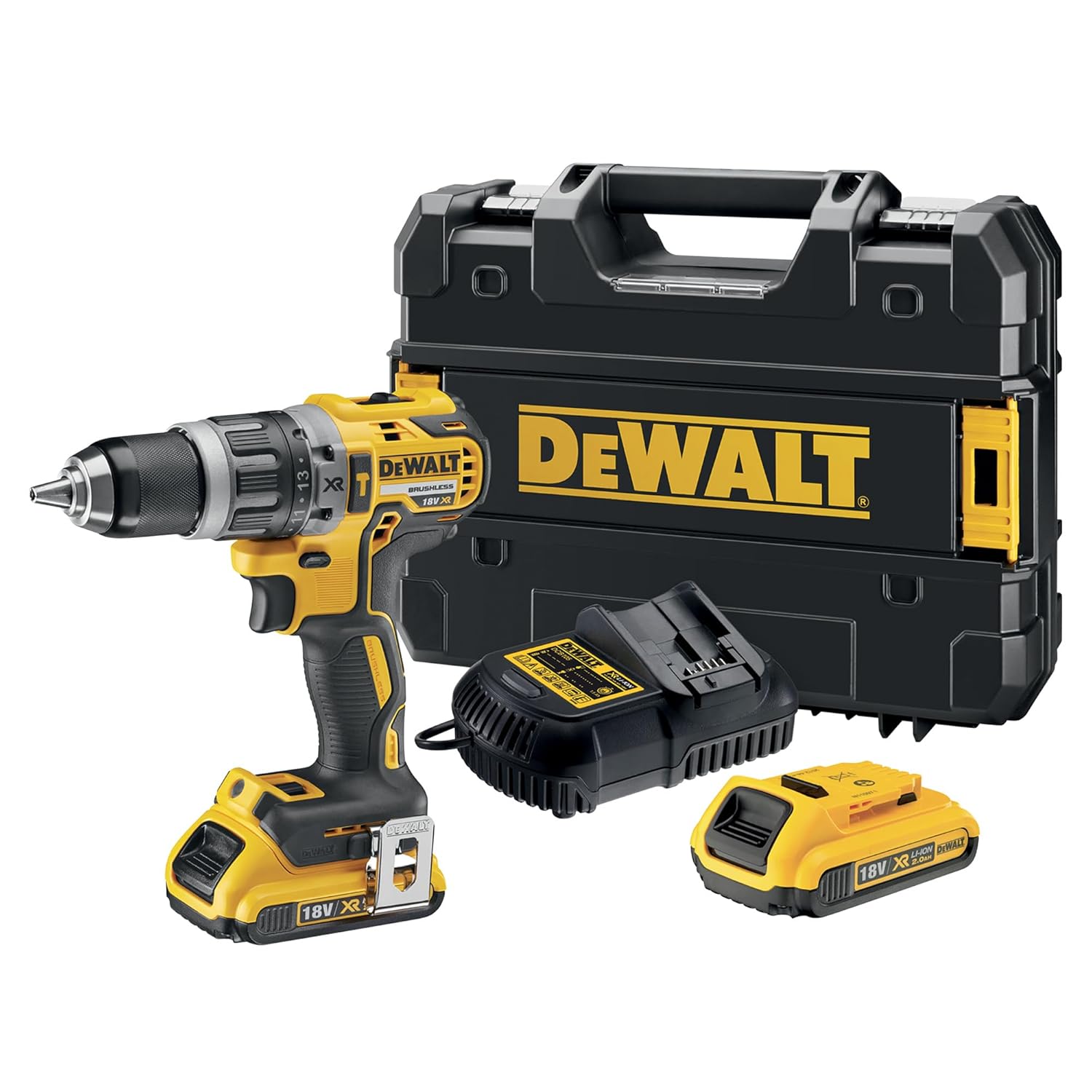 Taladro Percutor DEWALT XR Brushless 18V, 2 Baterías 2.0Ah, Cargador y Maletín
