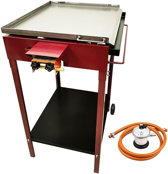 Barbacoa de Gas con Plancha y Paellero, Estructura de Acero con Ruedas, 60x80x90 cm, Hecha en España