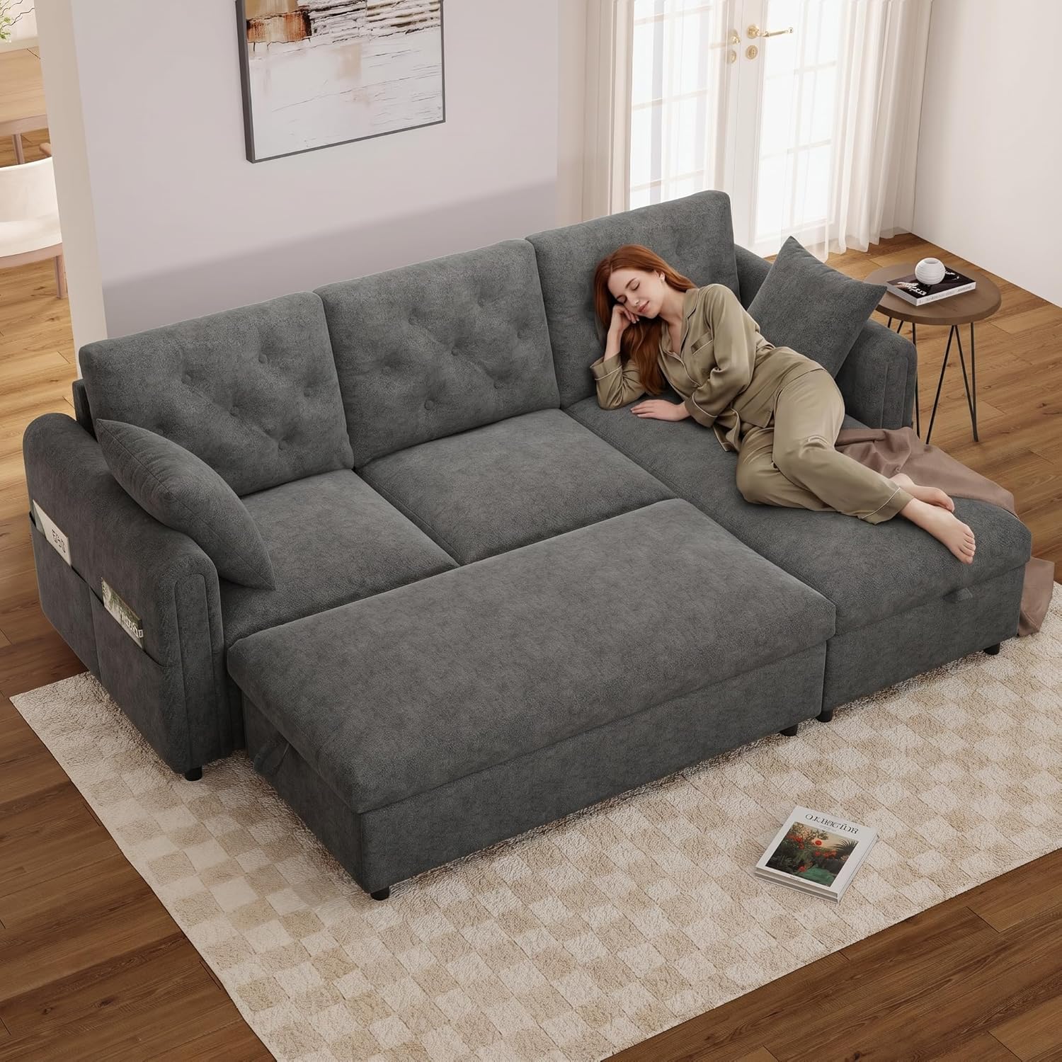 Sofá esquinero de terciopelo en L con función cama y almacenaje, chaise longue intercambiable