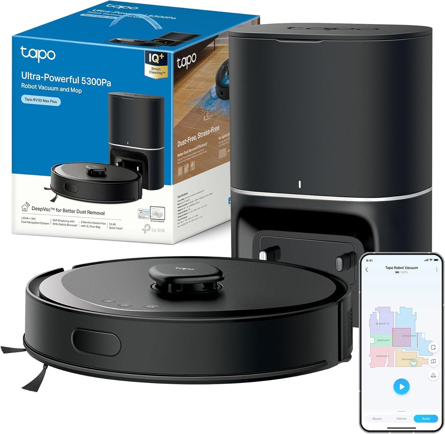 Aspiradora Robot Tapo RV30 MAX Plus, 5300 Pa Ultra Succión, Autovaciado de 3L, Navegación LiDAR Avanzada, Control por Voz y App, Color Negro
