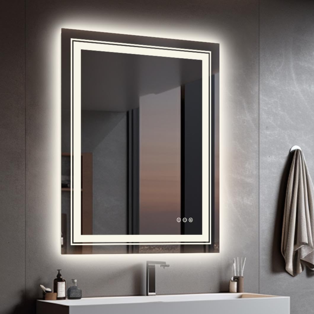 Espejo de Baño LED Antivaho 50x70 cm con Sensor Táctil, Iluminación Frontal y Retroiluminación de 3 Colores