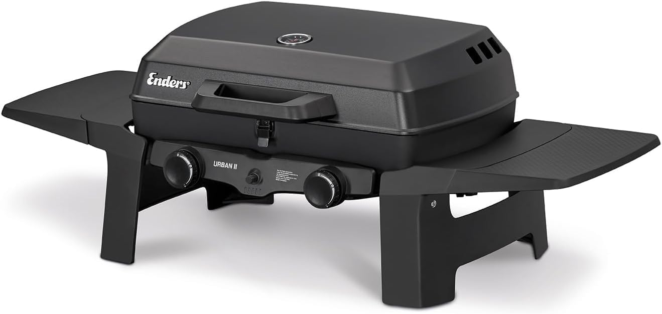 Parrilla de Gas Portátil Enders Urban II, 2 Quemadores con Tapa y Termómetro, Estantes Abatibles, Ideal para Camping y Jardín