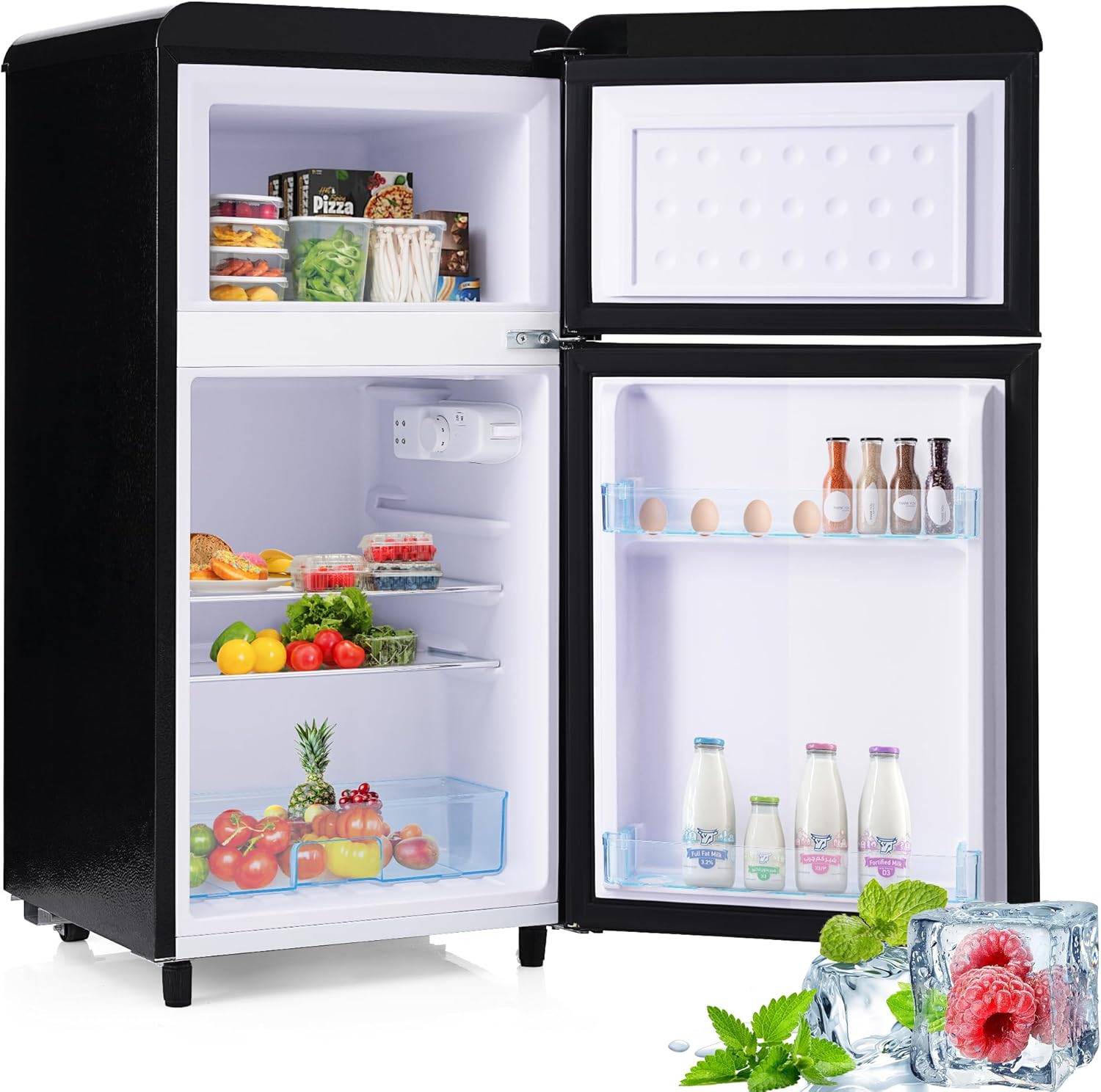 Mini Nevera 72L con Congelador, Combi no Frost, Iluminación LED, Puerta Doble, Estantes Ajustables, 120 kWh/año, 50x51x95.8cm, Negra